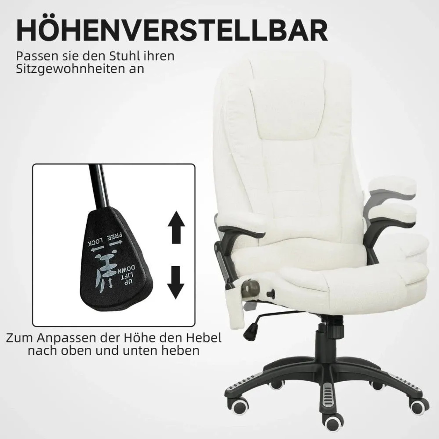 Cremeweißer Vinsetto Massagestuhl, Leinenimitat, zeigt Hebel zur Höhenverstellung für optimalen Sitzkomfort.
