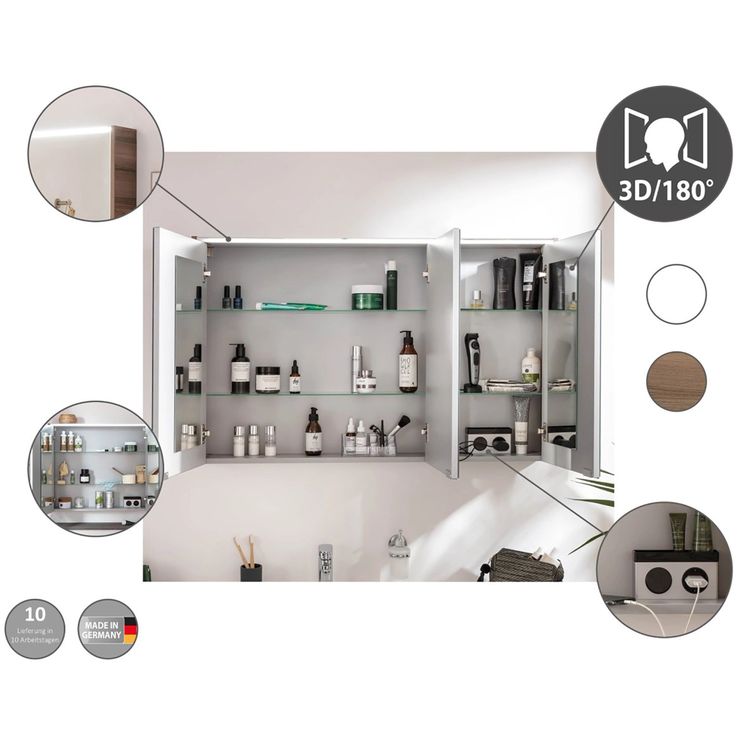 Fackelmann Hängeschrank Verona, 30 cm, Nussbaum/Weiß Hochglanz, mit geöffneten Türen und Innenleben.