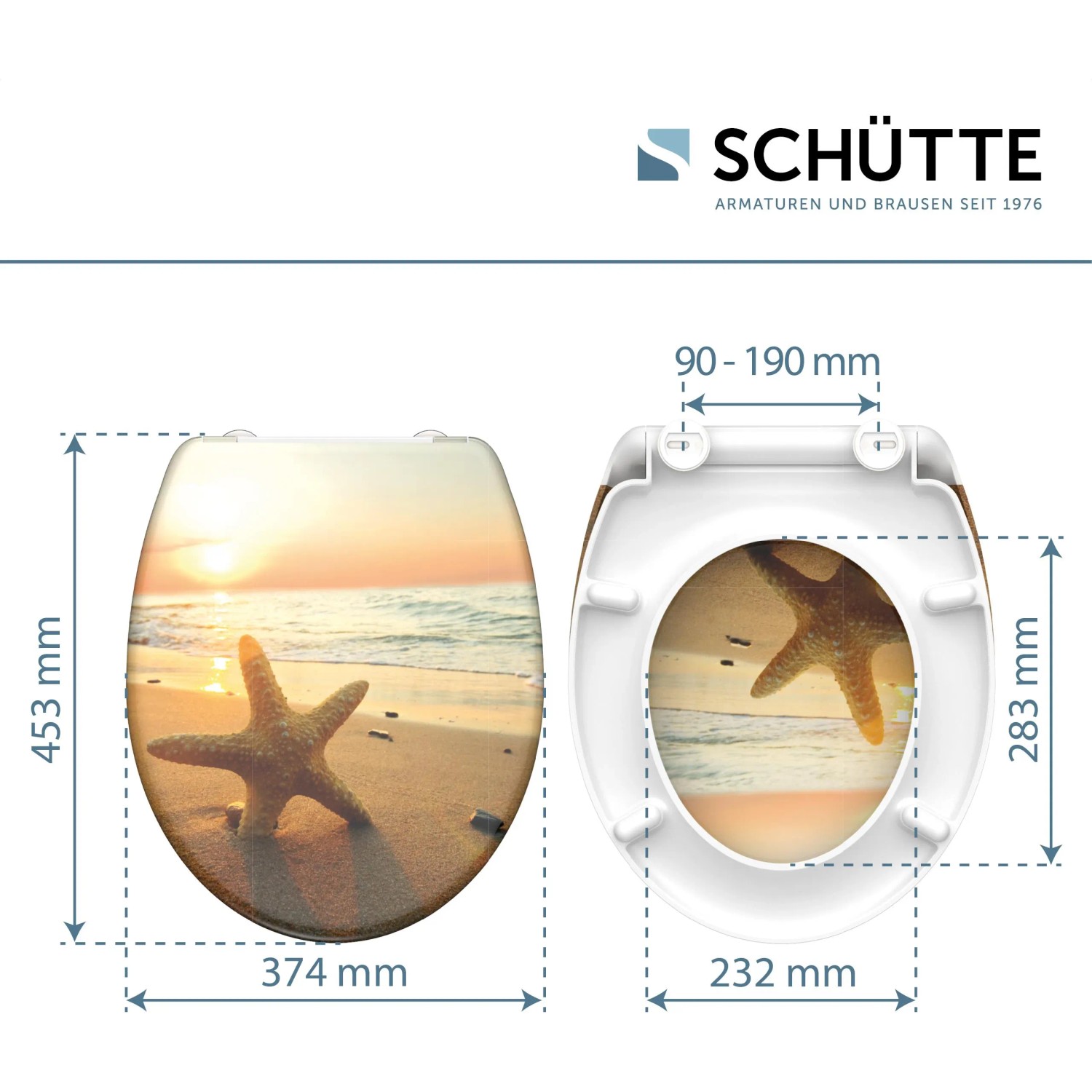 Schütte WC-Sitz Sea Star Duroplast mit Strandmotiv, Absenkautomatik und Schnellverschluss.