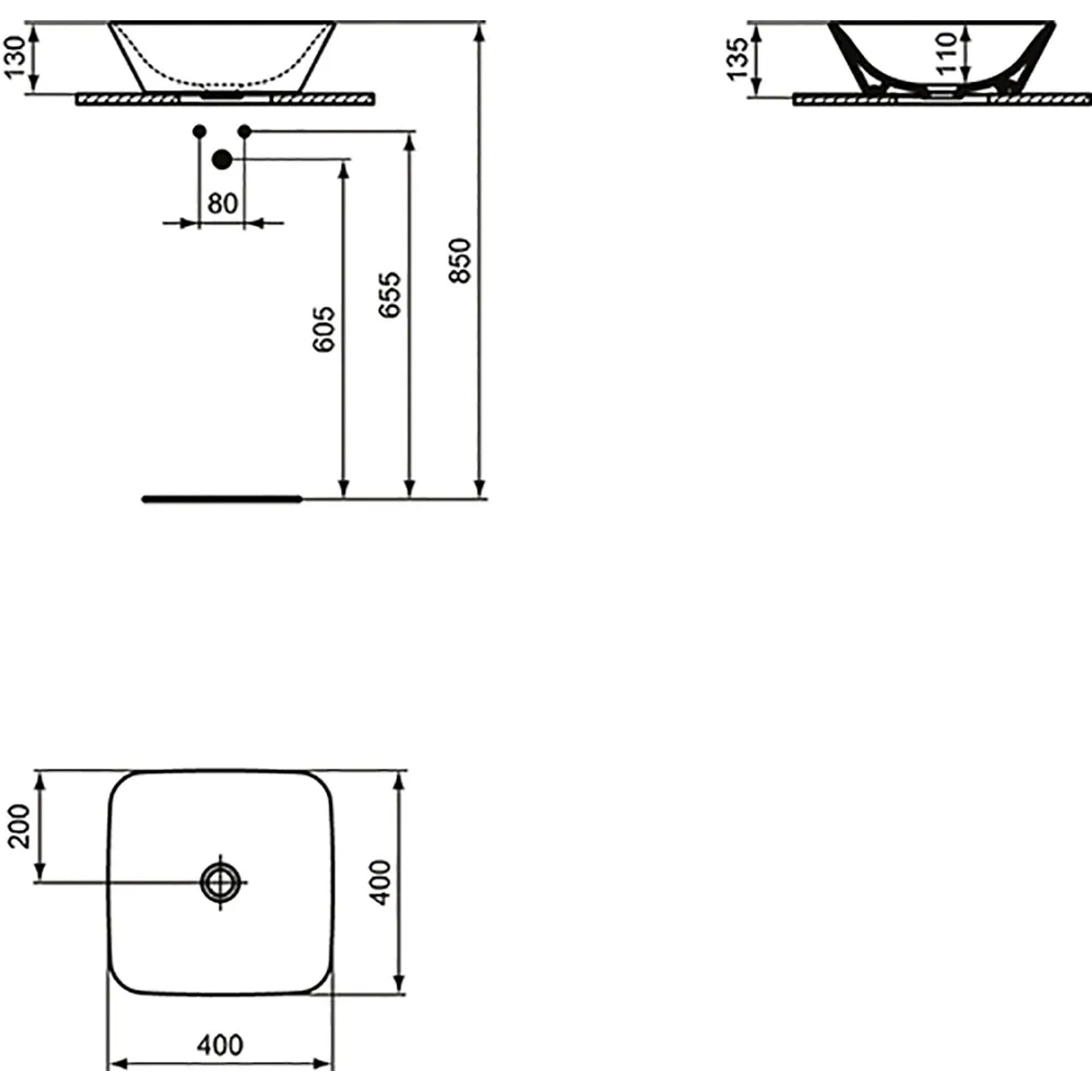 Technische Zeichnung: Ideal Standard Connect Air Handwaschbecken, 40x40 cm, ohne Hahnloch/Überlauf, Abmessungen.