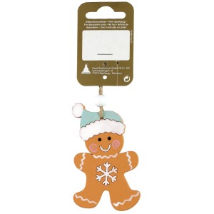 Holz Lebkuchenmann als Weihnachtsdeko zum Hängen mit grüner Mütze und Schneeflocke.