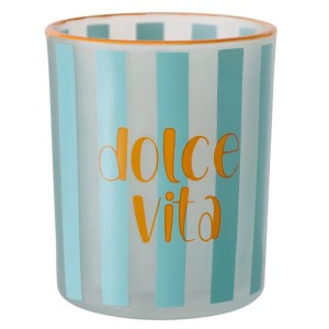 Gestreiftes Boltze Windlicht Dolce Vita XS aus Glas mit Schriftzug.
