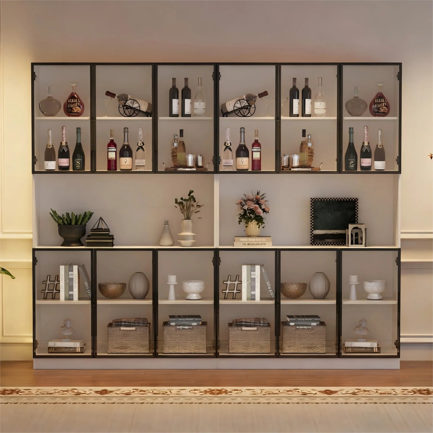 okwish Vitrine mit LED Beleuchtung Schranktüren Stauraum Wohnzimmer 240x34x200cm Weiß_4