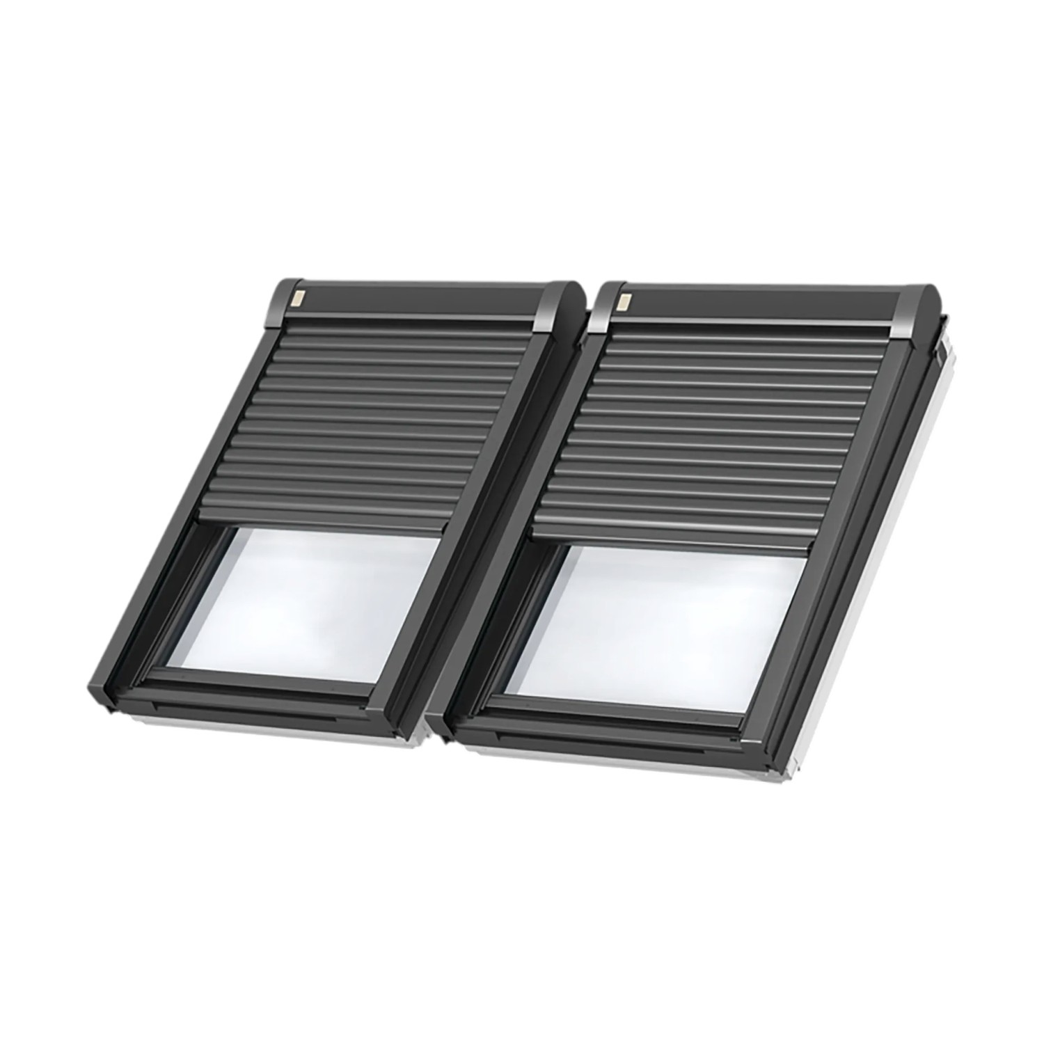 Zwei graue Velux Elektro-Rollläden CK04 Alu für Dachfenster, teilweise geschlossen.