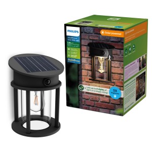 Schwarze Philips Solar-Wandleuchte Geri mit Bewegungssensor und Verpackung.