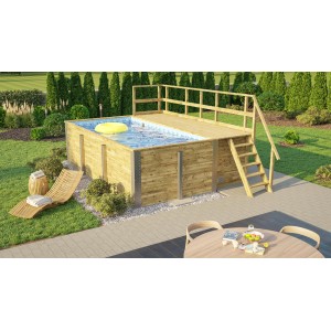 Weka Holzpool mit Sonnendeck, blauem Mosaikmuster und Leiter im Garten.
