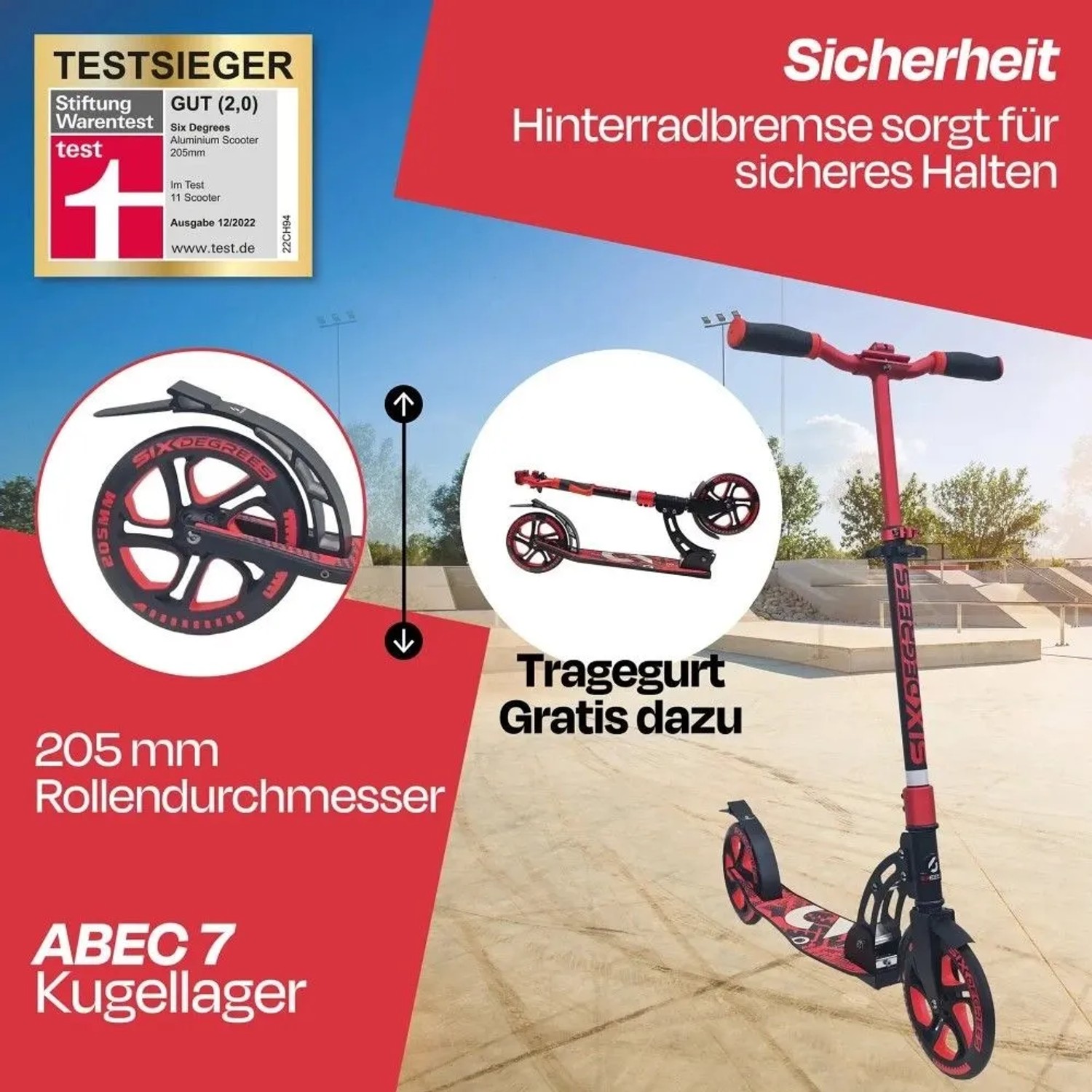 Six Degrees Aluminium Scooter mit Klappmechanismus und Ständer 205 mm Höhenverstellbar Racing Red Testsieger_8