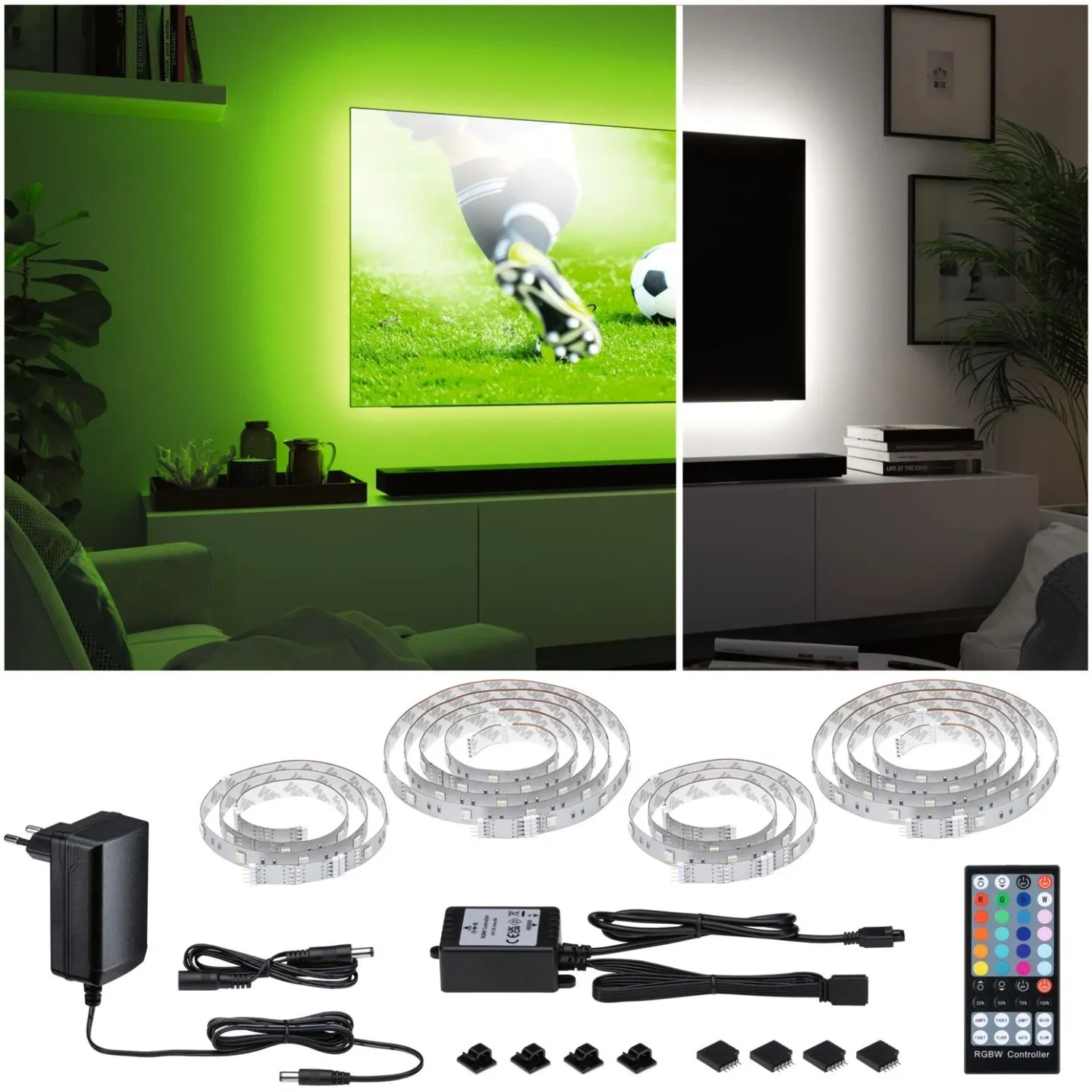 Paulmann MaxLED TV-Strip 65 Zoll mit RGBW-Farbwechsel, Fernbedienung und Zubehör.