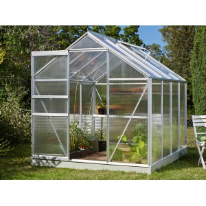 Vitavia Gewächshaus Comet 5000 aus Aluminium mit geöffneter Schiebetür und Pflanzen.