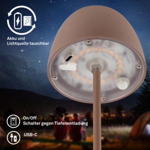 Brilo LED-Akku-Tischleuchte Serina Mini in Umbrasand, Details wie USB-C Anschluss und Schalter sichtbar.
