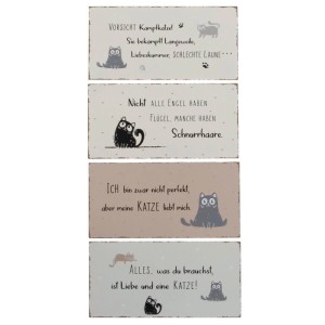 Boltze Dekoschild Mollie, 4-fach sortiert, mit Katzenmotiven und deutschen Sprüchen. Dekorative Figuren für Katzenfreunde.