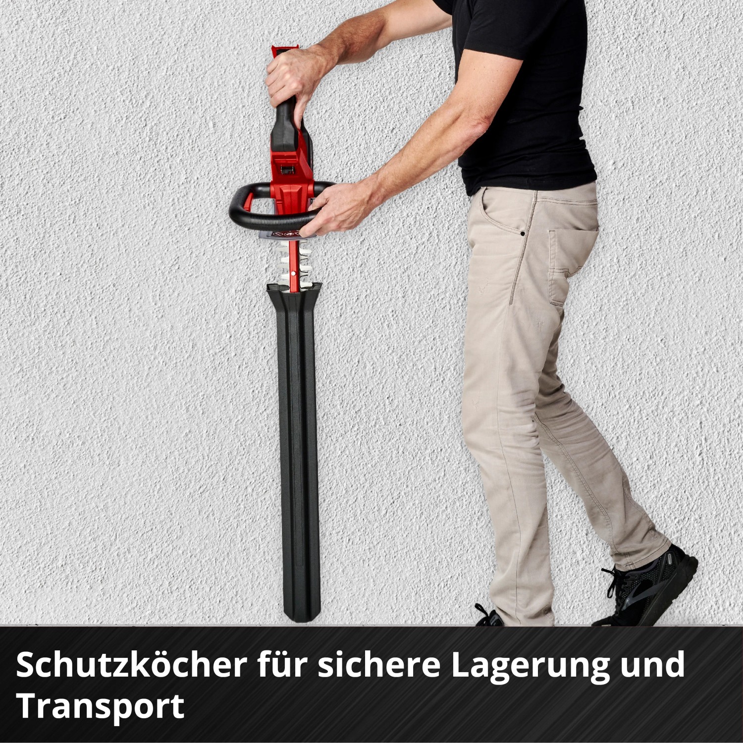 Einhell Akku-Heckenschere GE-CH 36/61 Li-Solo mit Schutzköcher für Lagerung und Transport.