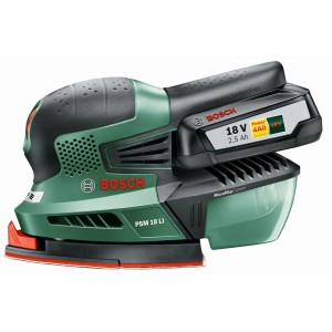 Bosch Akku-Multischleifer PSM 18 LI mit Akku und Ladegerät. Kompakter Schwingschleifer in Grün und Schwarz.