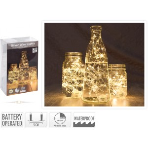 LED-Lichterkette mit 20 warmweißen LEDs, Silberdraht, batteriebetrieben und wasserdicht.