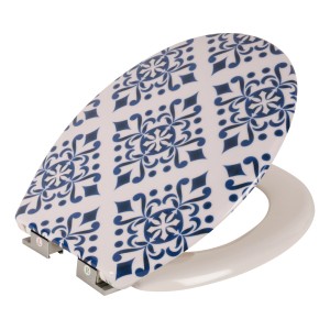 WC-Sitz mit Absenkautomatik, Azulejos-Motiv in Blau/Weiß, Duroplast, für Standard-WCs.