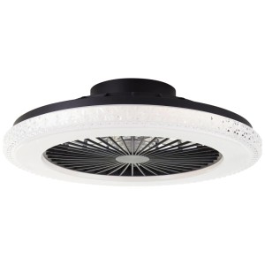 Schwarze LED-Deckenleuchte Badria mit Ventilator, Ø 49cm, Kristalloptik.