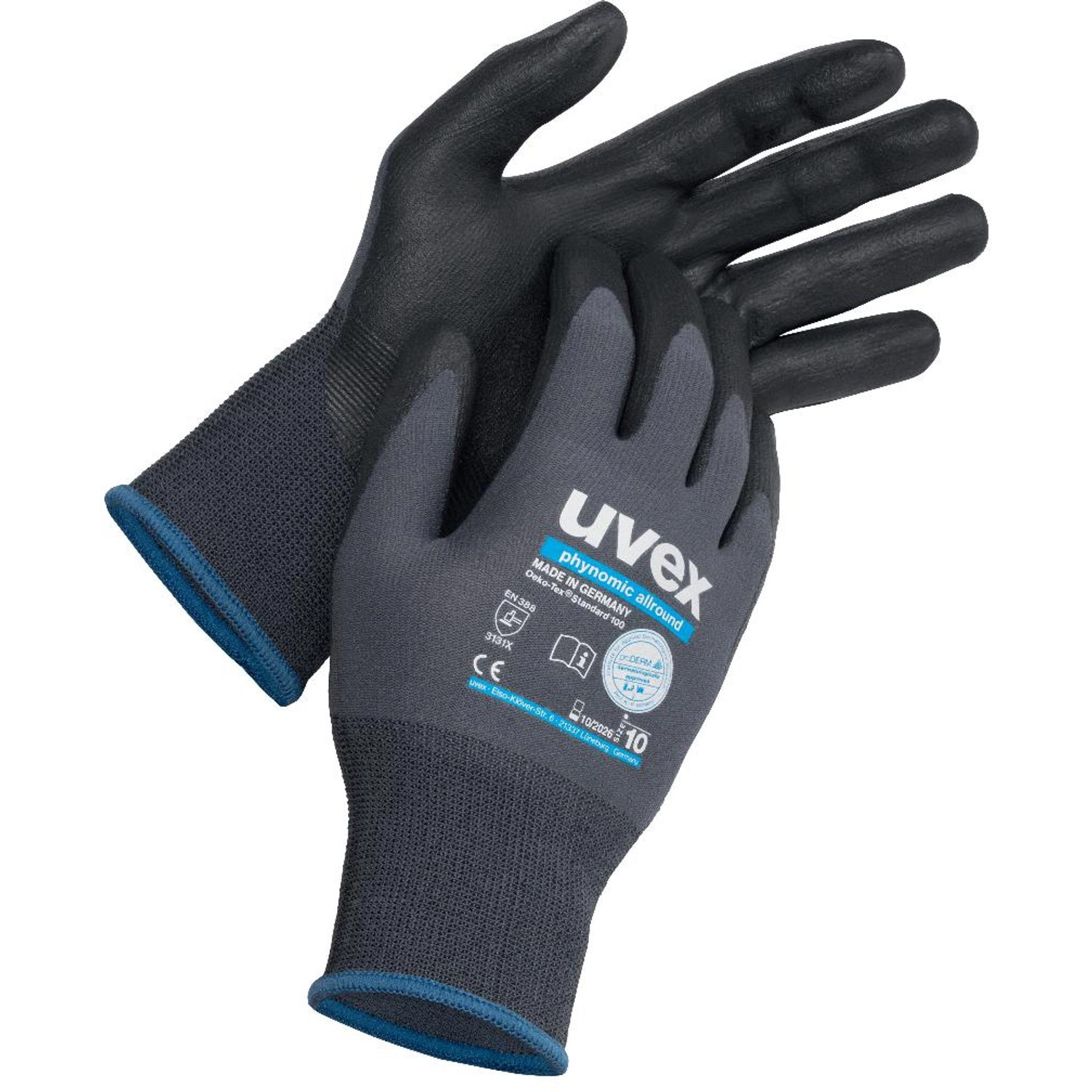 Uvex Phynomic Allround Arbeitshandschuhe Gr. 08, grau/schwarz, für leichte Arbeiten in trockenen Bereichen.