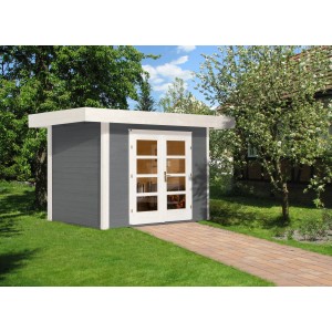 Graues Weka Holz-Gartenhaus mit Flachdach und Doppeltür mit Glas auf Rasen.