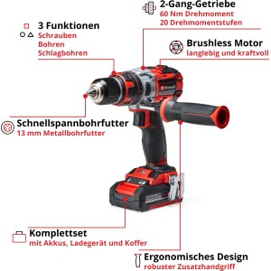 Einhell Akku-Schlagbohrschrauber TP-CD 18 Li-i BL mit Akku, Ladegerät und Koffer.