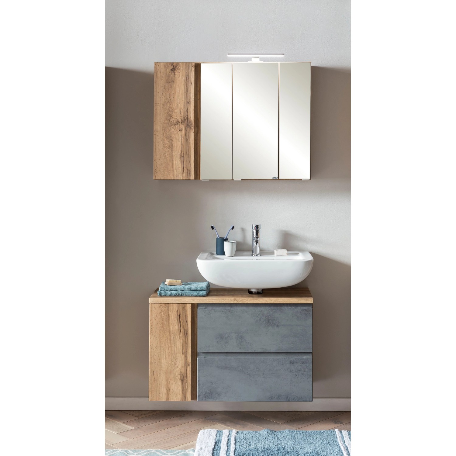 Held Möbel Badmöbel-Set Ancona, 85 cm, Betongrau und Wotaneiche mit Spiegelschrank und Waschbeckenunterschrank.