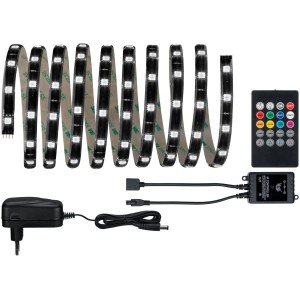Paulmann YourLED RGB-Set: 3m LED-Streifen mit Fernbedienung, Netzteil und Controller für Musiksteuerung.
