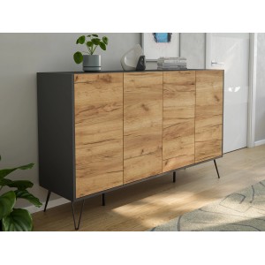 Posseik Sideboard Industrial, 155 cm breit, Grafit/Eiche Optik mit 4 Türen und Schubladen.