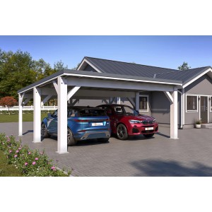 Holzbrüder Carport Ralf 36, reinweiß/dunkelgrau, mit zwei geparkten Autos vor einem Haus.