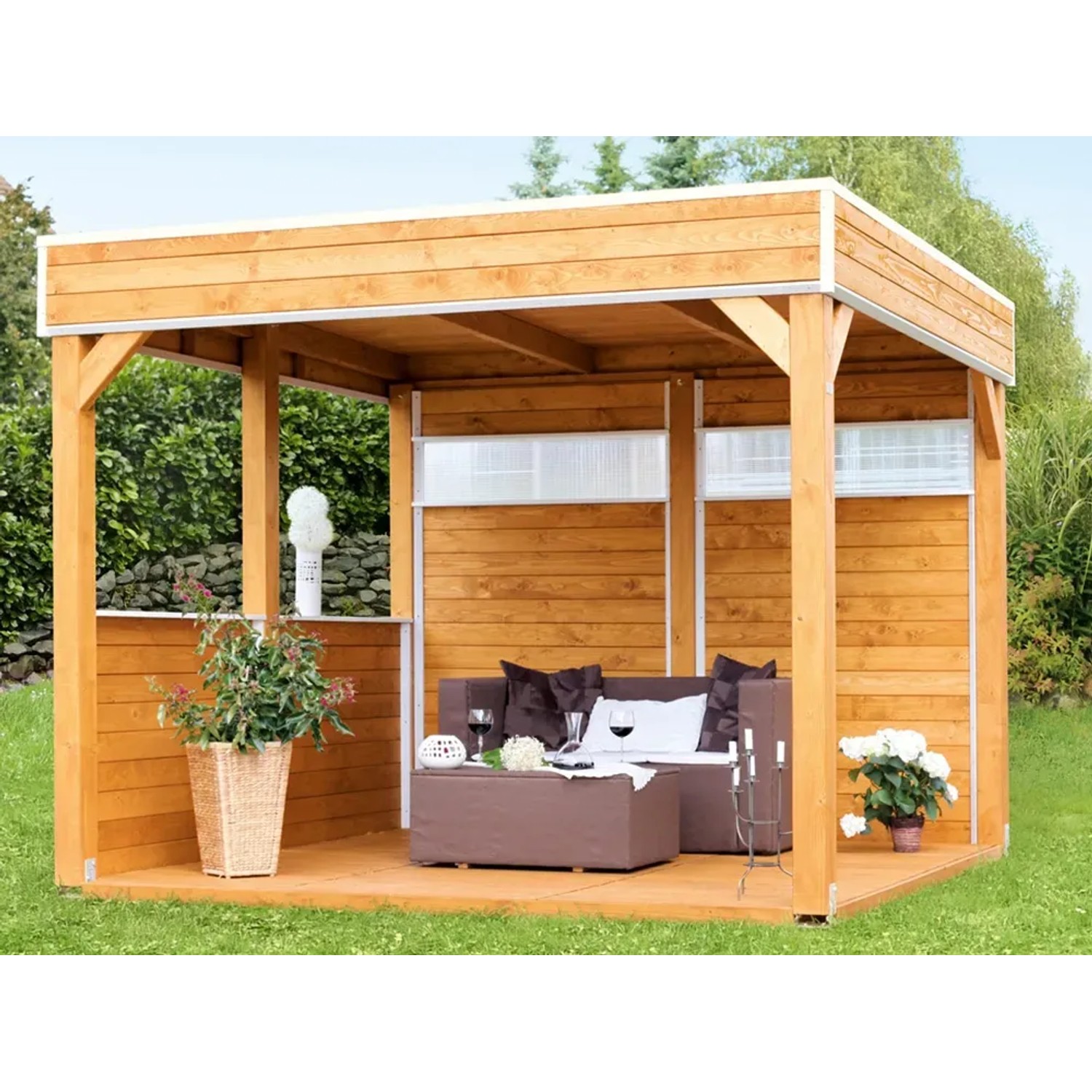 Holz-Pavillon Toulouse, schiefergrau lasiert, 294x294 cm. Gartenlaube mit Sitzbereich im Grünen.