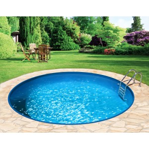 Blauer BWT Rundpool Ø 6m mit Leiter im Garten. Premium Stahlwand Pool-Set für Aufstell-, Teil- oder Erdeinbau.
