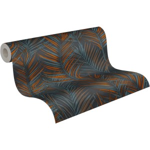 A.S. Création Vliestapete Dschungel, schwarz-orange mit Palmenmuster auf Rolle.