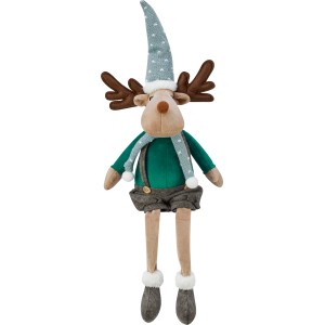 Sitzendes Stoff-Rentier, 55 cm, braun-grün, mit Mütze und Schal, Weihnachtsdekoration.