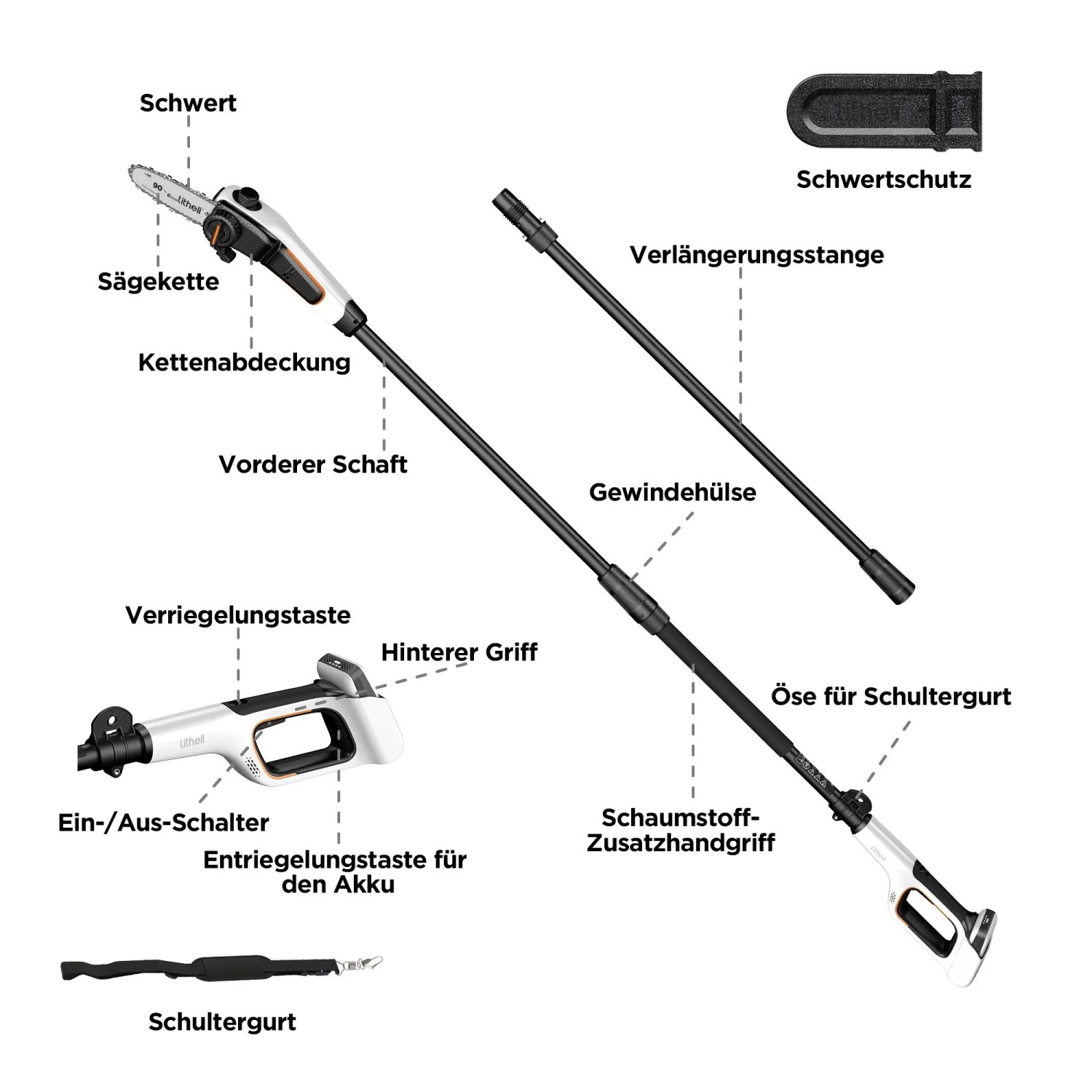 Litheli Akku-Hochentaster: Kettensäge mit Teleskopstange, Schwertschutz und Schultergurt. Ohne Akku.