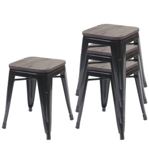 MCW 4er Set Hocker A73, schwarzes Metallgestell, Holz-Sitzfläche, stapelbar.