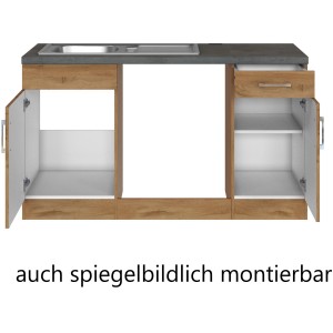 Küchenzeile Sorrento in Wotaneiche, Unterschränke mit Spüle und Schublade, Türen geöffnet.