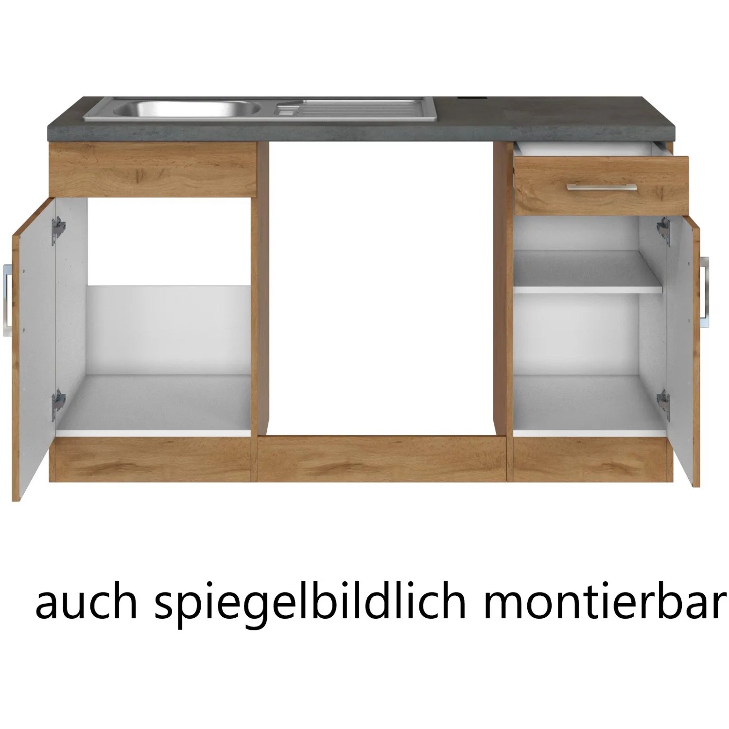 Küchenzeile Sorrento in Wotaneiche, Unterschränke mit Spüle und Schublade, Türen geöffnet.