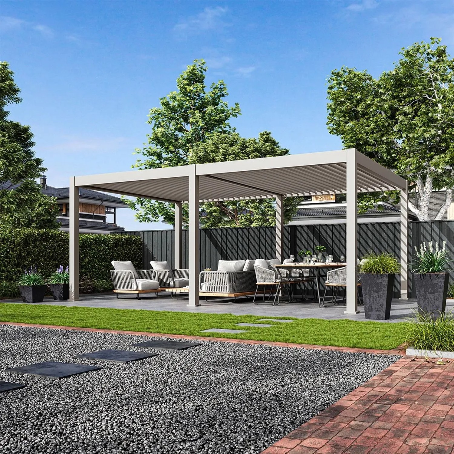 Weide E-Deluxe Plus | elektrische Pergola mit LED | Voll Aluminium | 4 x 6 M | motorisiertes Lamellendach Ivory Sand_3