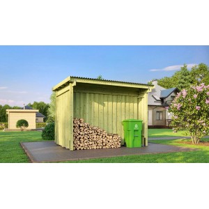 WEKA Holz-Lagerhaus Varius, kesseldruckimprägniert, mit Holzscheiten und Mülltonne im Garten.