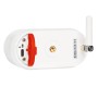 Rückseite der weißen Abus Akku-Kamera Pro mit Antenne, USB-Anschluss und roter Halterung.