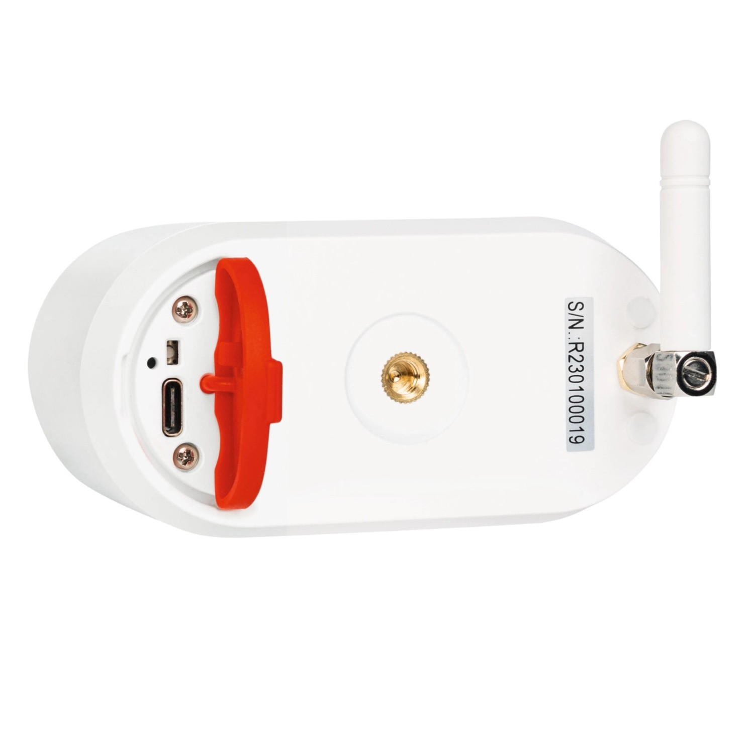 Rückseite der weißen Abus Akku-Kamera Pro mit Antenne, USB-Anschluss und roter Halterung.