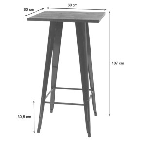Grauer Stehtisch mit quadratischer Holzplatte und Fußstütze, 107 cm hoch.
