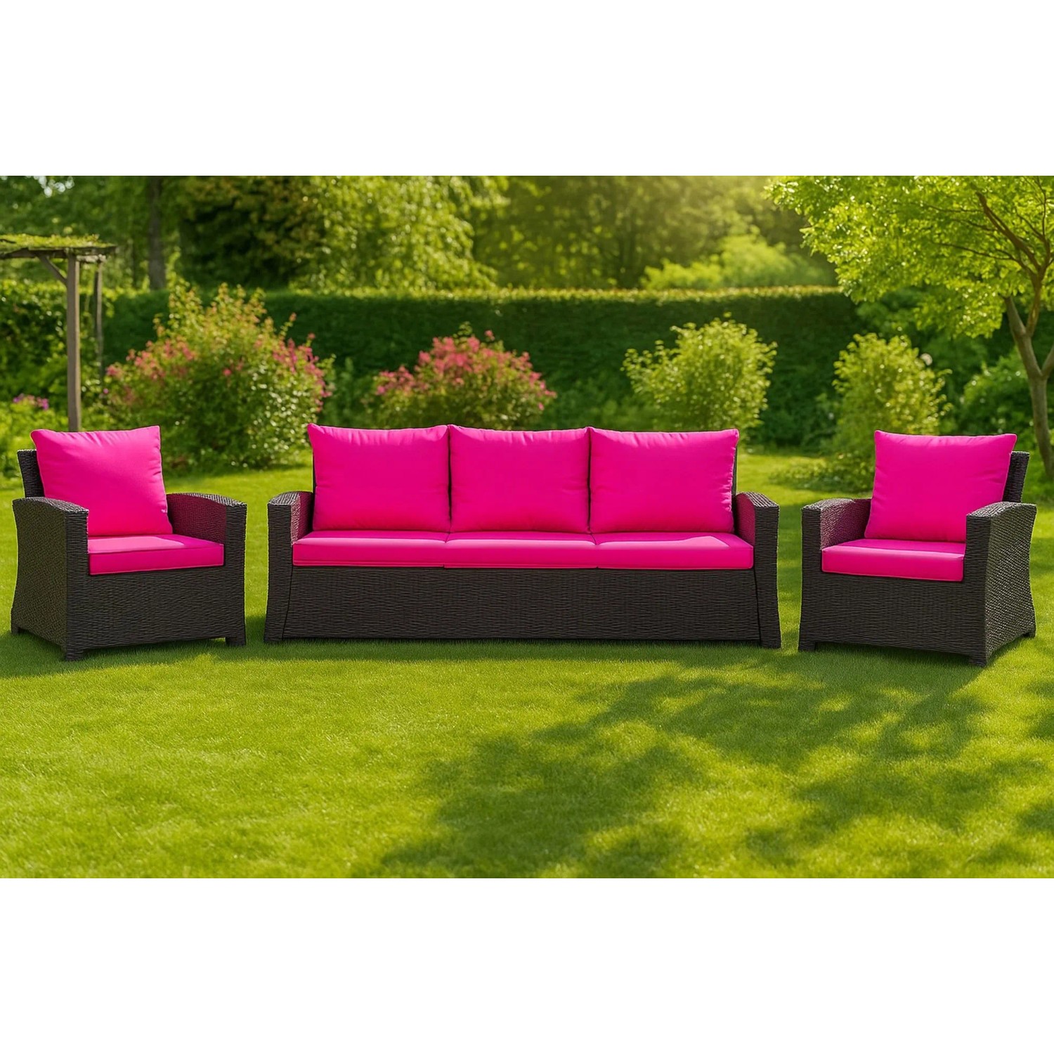 Setgarden Gartenmöbel-Set mit pinken Kissen für 3-Sitzer Sofa und Sessel.