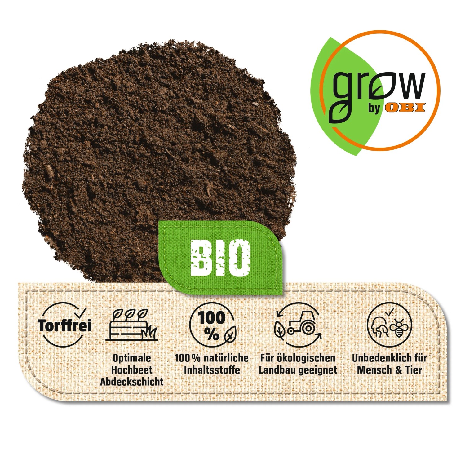 GROW by OBI BIO Garten- und Hochbeeterde, torffrei, 45l Sack. Bio-Qualität für gesundes Pflanzenwachstum.