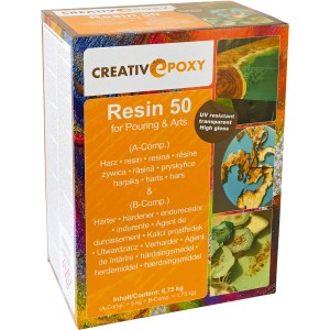 Verpackung CreativEpoxy Resin 50 A+B, 6,75 kg Epoxidharz für Gießanwendungen und Kunstprojekte.