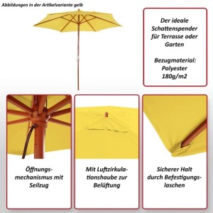 Gelber MCW Sonnenschirm Lissabon, Ø 3m, mit Holzgestell und Seilzug.