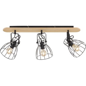 Schwarze Fischer & Honsel Deckenleuchte mit 3 Spots und Holz-Element, Vintage-Look.