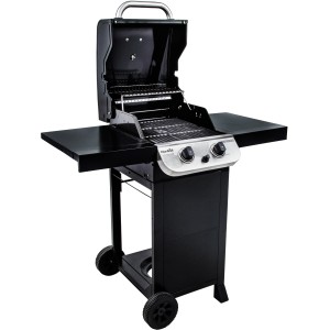 Schwarzer Char-Broil Gasgrill Convective 210 B mit Ablagen und offenem Unterbau.