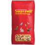 Rote Supravit Taubenfutter-Packung mit Körnermischung, Abbildungen von Tauben und anderen Tieren. Ideal für die Reisezeit.