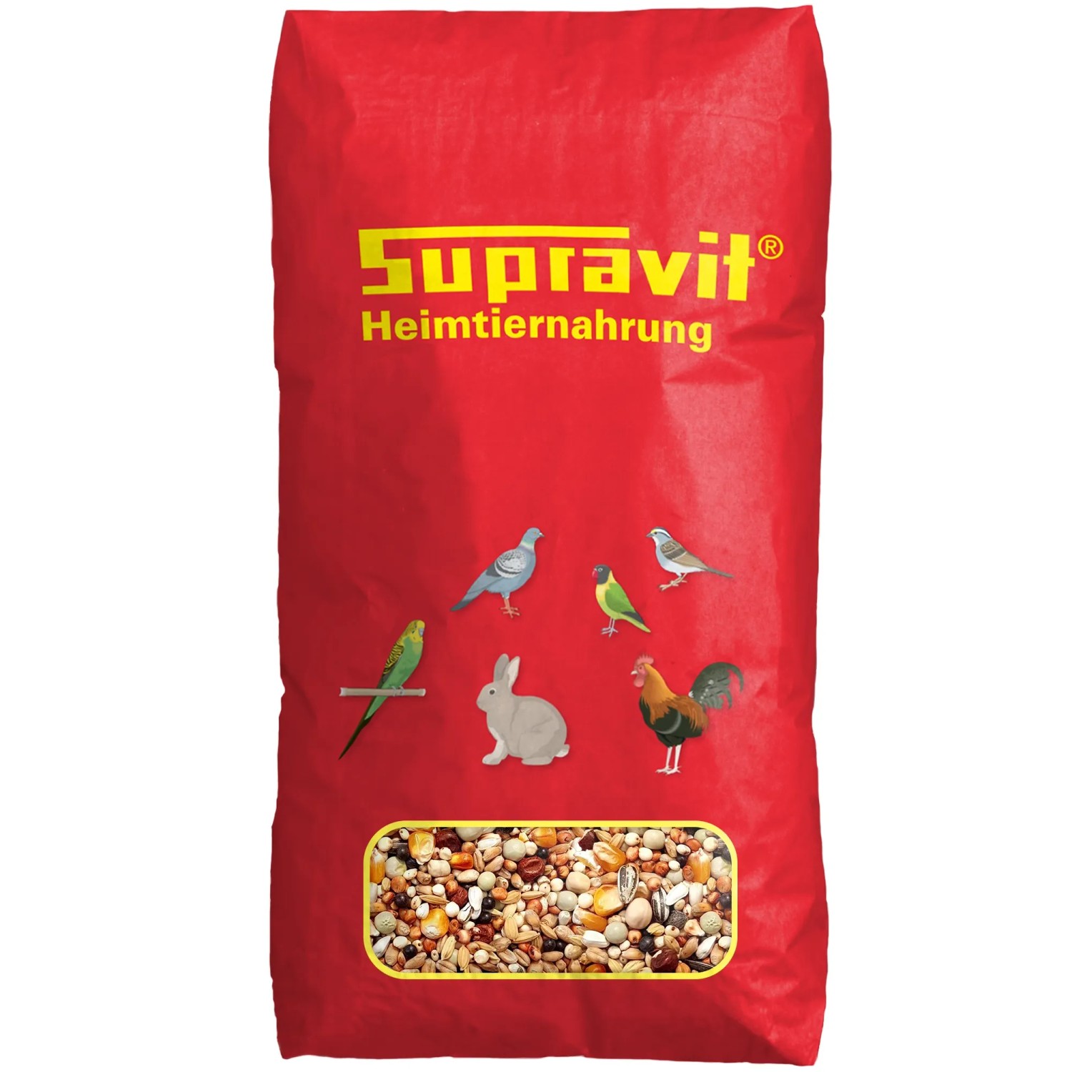 Rote Supravit Taubenfutter-Packung mit Körnermischung, Abbildungen von Tauben und anderen Tieren. Ideal für die Reisezeit.