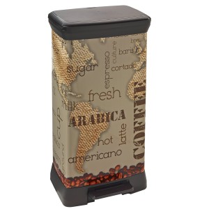 Curver Treteimer Metallics 50L Coffee-Schwarz mit Kaffee-Motiv und Tretpedal.