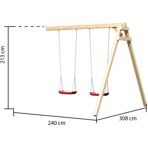 Karibu Doppelschaukel Anbau aus naturbelassener Fichte mit zwei roten Schaukelsitzen.
